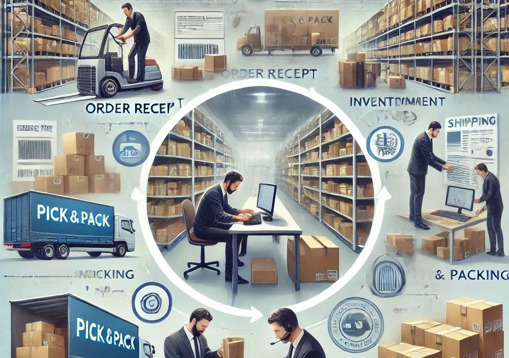 DALL·E 2024 11 15 01.00.09 A visual representation of the pick and pack fulfillment process showing steps like order receipt inventory management picking packing labeling